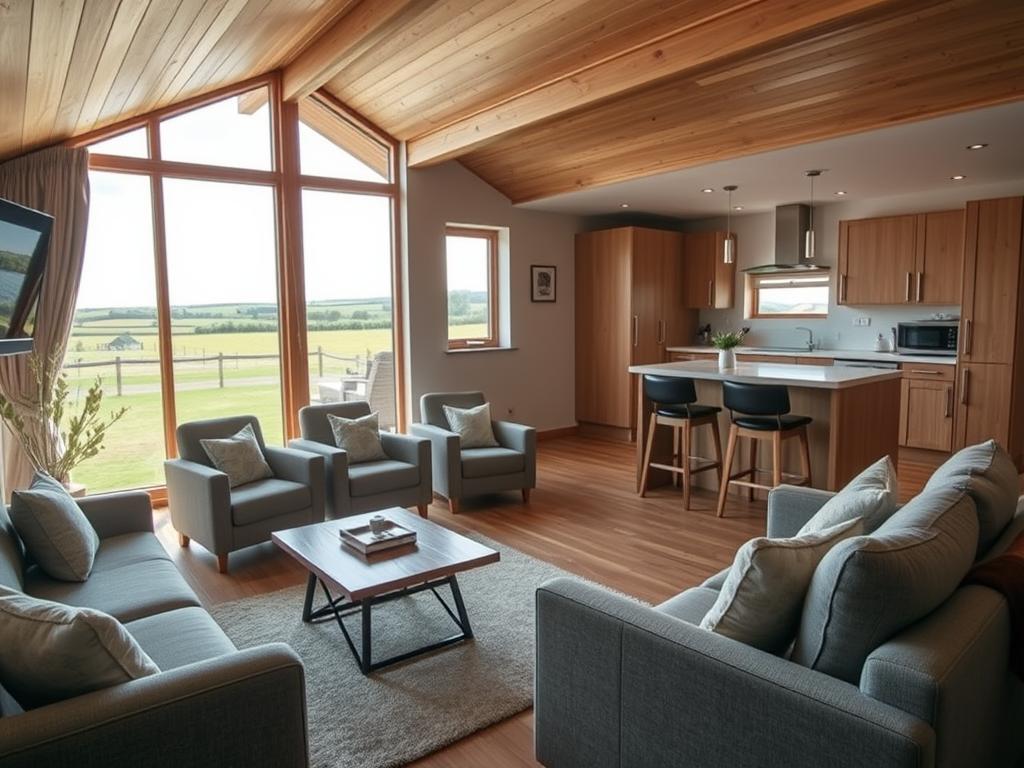 Interior of a self catering accommodation in Cavan showing a modern kitchen and living area Interior of a self catering accommodation in Cavan showing a modern kitchen and living area