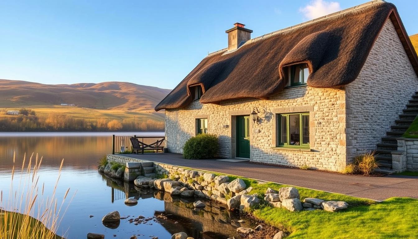 Scenic view of a lakeside self catering accommodation in Cavan with traditional cottage exterior